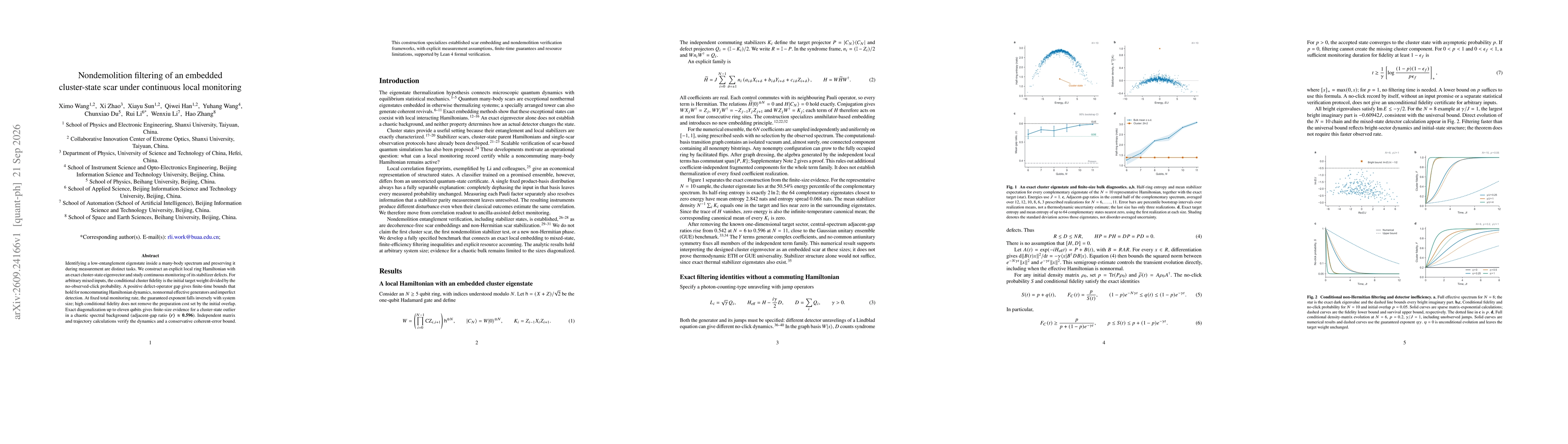 Thumbnail for Nondemolition filtering of an embedded cluster-state scar under continuous local monitoring