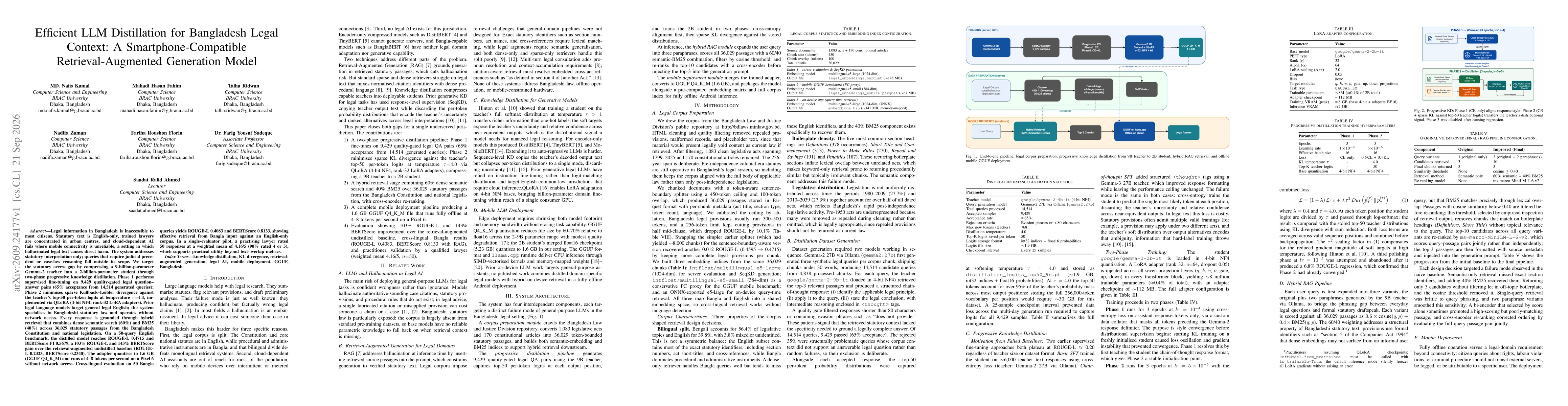 Thumbnail for Efficient LLM Distillation for Bangladesh Legal Context: A Smartphone-Compatible Retrieval-Augmented Generation Model