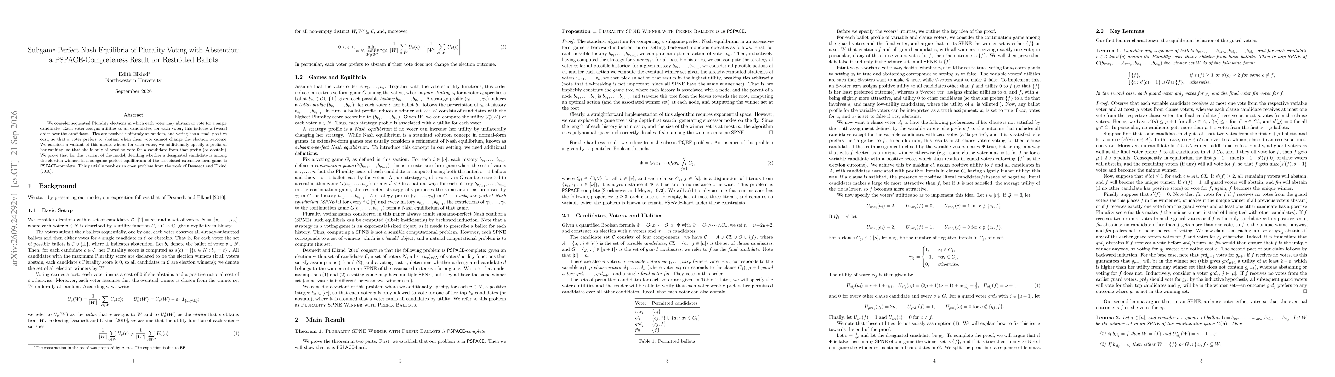 Thumbnail for Subgame-Perfect Nash Equilibria of Plurality Voting with Abstention: a PSPACE-Completeness Result for Restricted Ballots