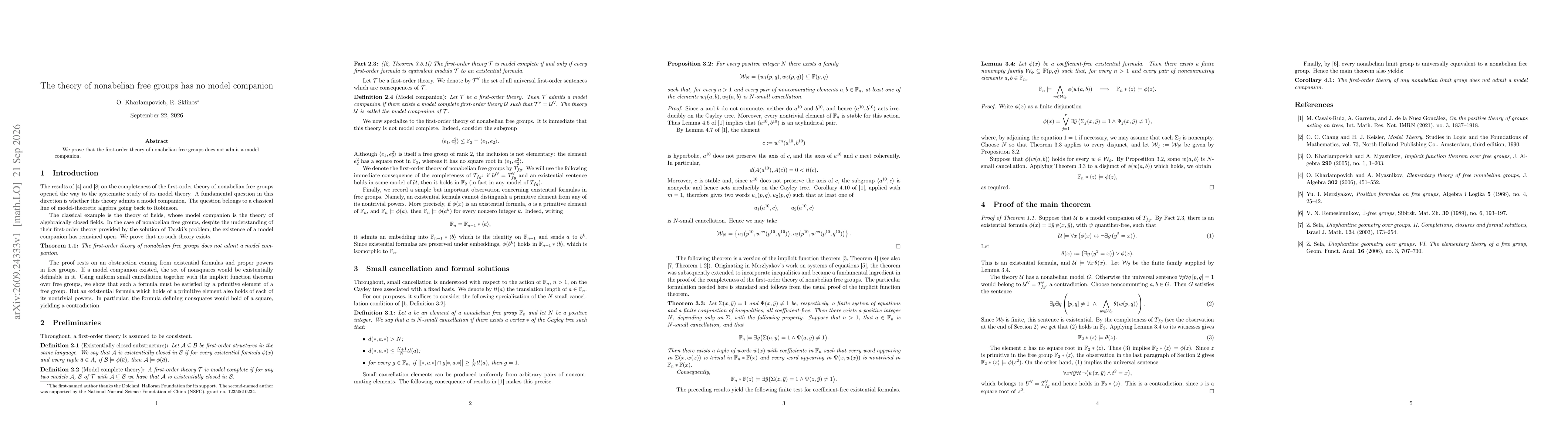 Thumbnail for The theory of nonabelian free groups has no model companion