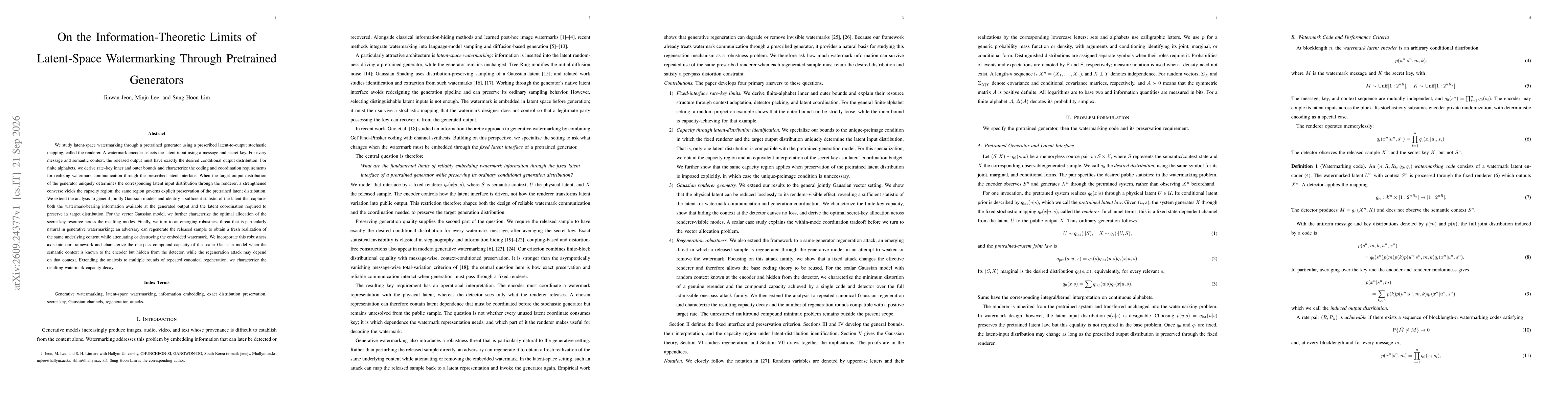 Thumbnail for On the Information-Theoretic Limits of Latent-Space Watermarking Through Pretrained Generators
