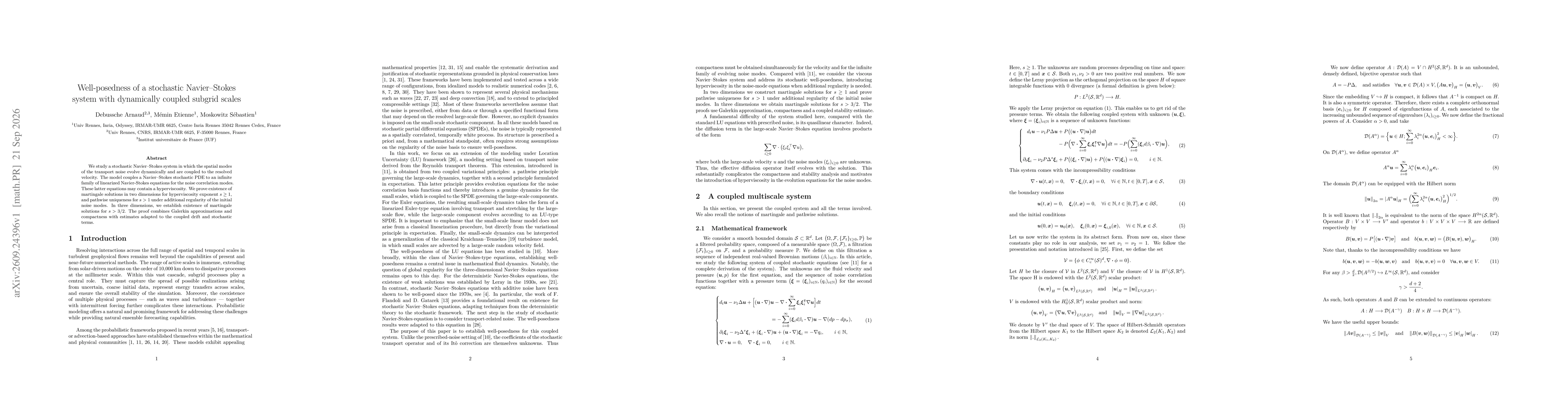 Thumbnail for Well-posedness of a stochastic Navier-Stokes system with dynamically coupled subgrid scales