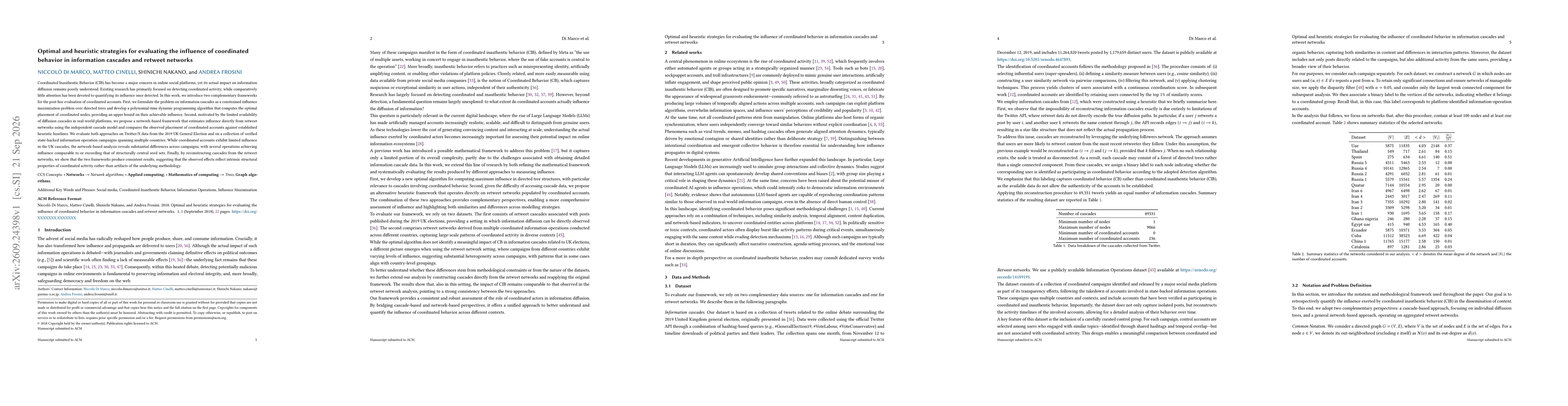 Thumbnail for Optimal and heuristic strategies for evaluating the influence of coordinated behavior in information cascades and retweet networks