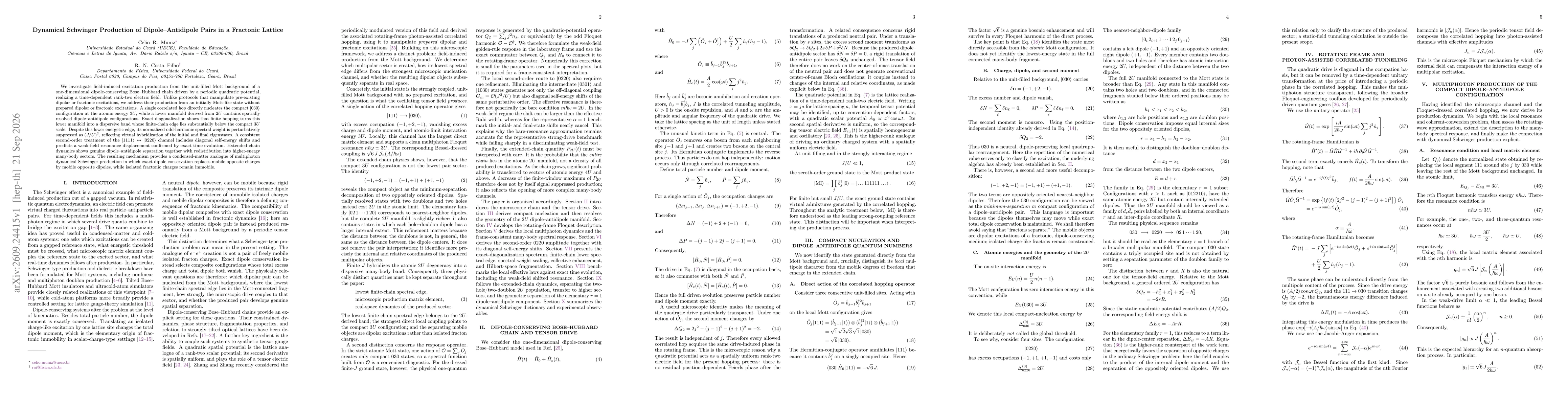 Thumbnail for Dynamical Schwinger Production of Dipole--Antidipole Pairs in a Fractonic Lattice