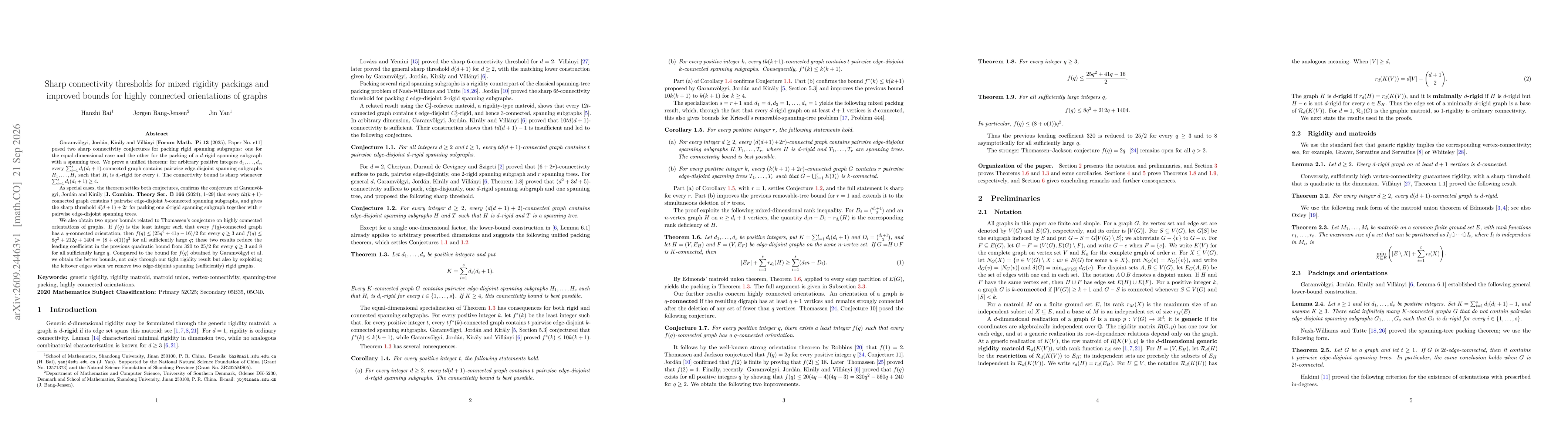 Thumbnail for Sharp connectivity thresholds for mixed rigidity packings and improved bounds for highly connected orientations of graphs