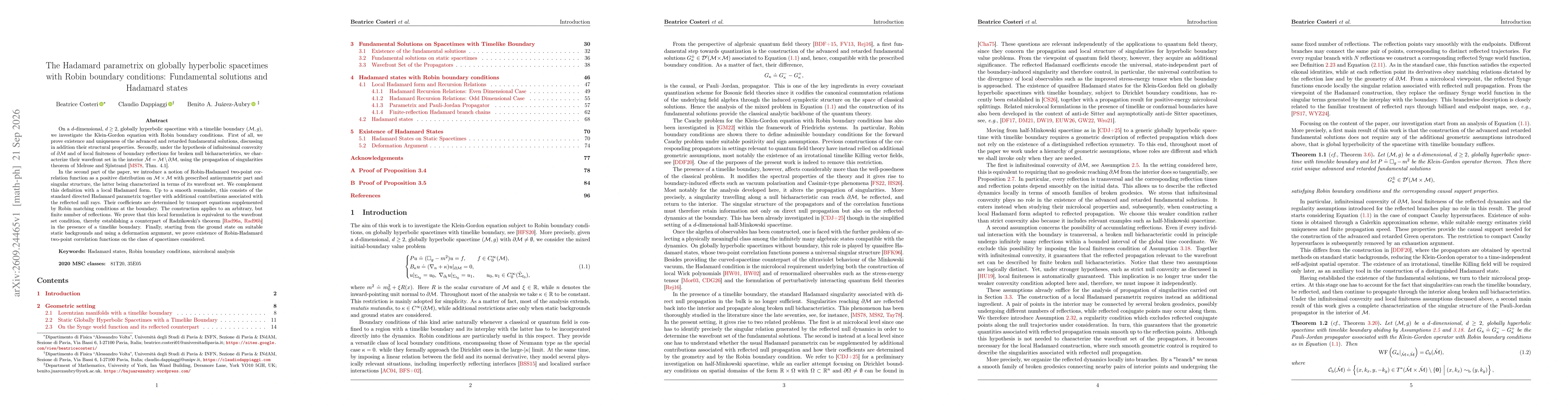 Thumbnail for The Hadamard parametrix on globally hyperbolic spacetimes with Robin boundary conditions: Fundamental solutions and Hadamard states