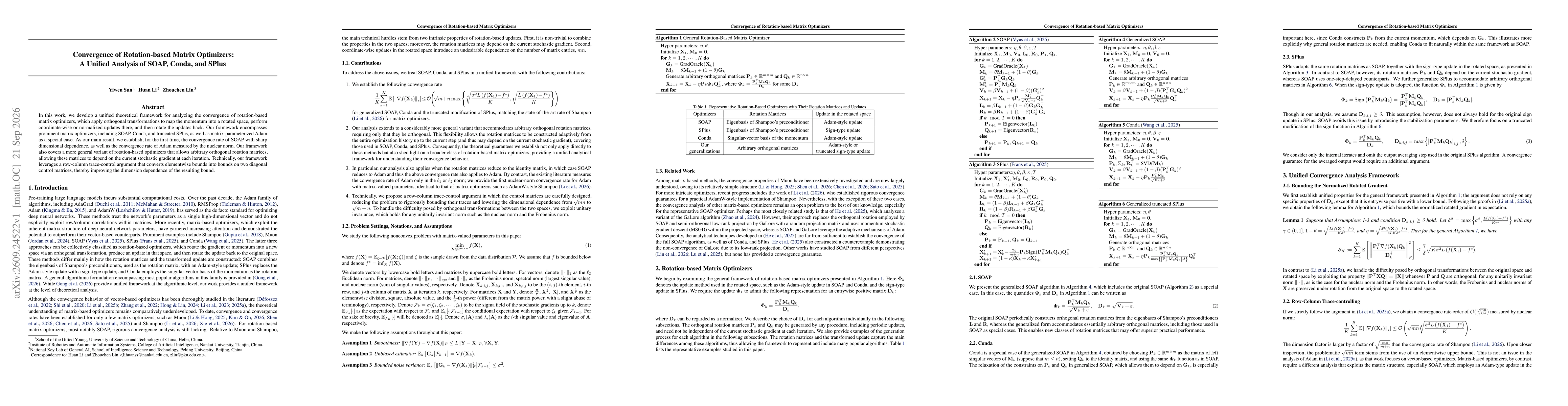 Thumbnail for Convergence of Rotation-based Matrix Optimizers: A Unified Analysis of SOAP, Conda, and SPlus