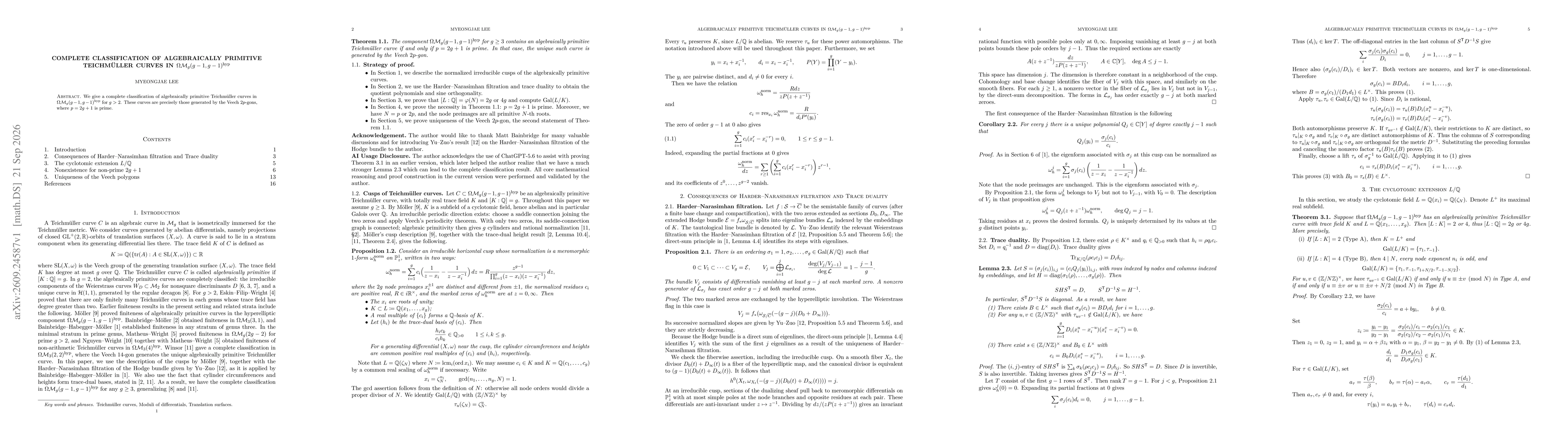 Thumbnail for Complete classification of algebraically primitive Teichmüller curves in $Ω\mathcal{M}_g(g-1,g-1)^{\mathrm{hyp}}$