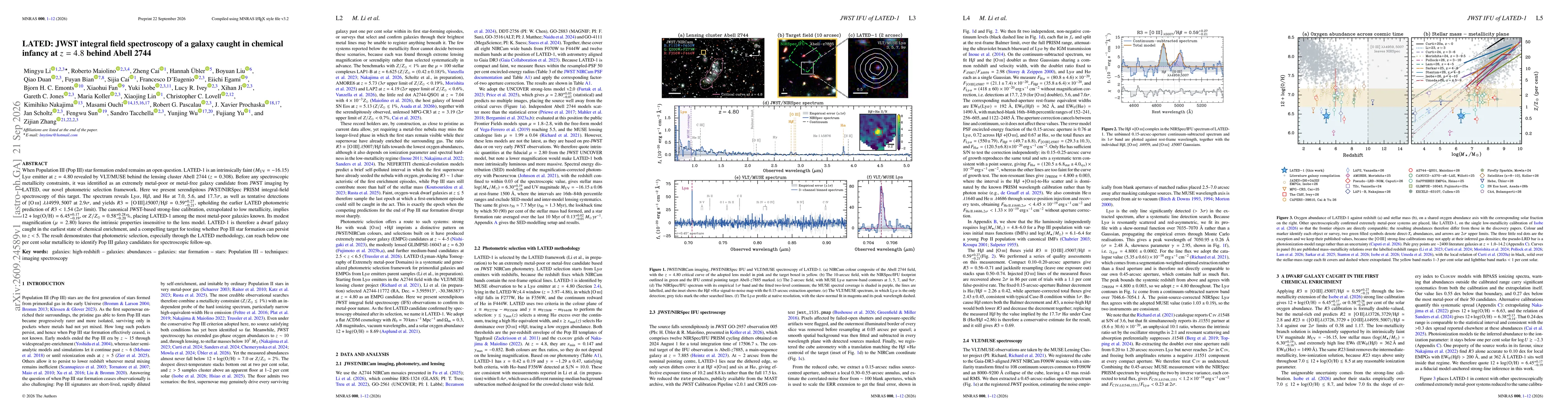 Thumbnail for LATED: JWST integral field spectroscopy of a galaxy caught in chemical infancy at $z=4.8$ behind Abell 2744