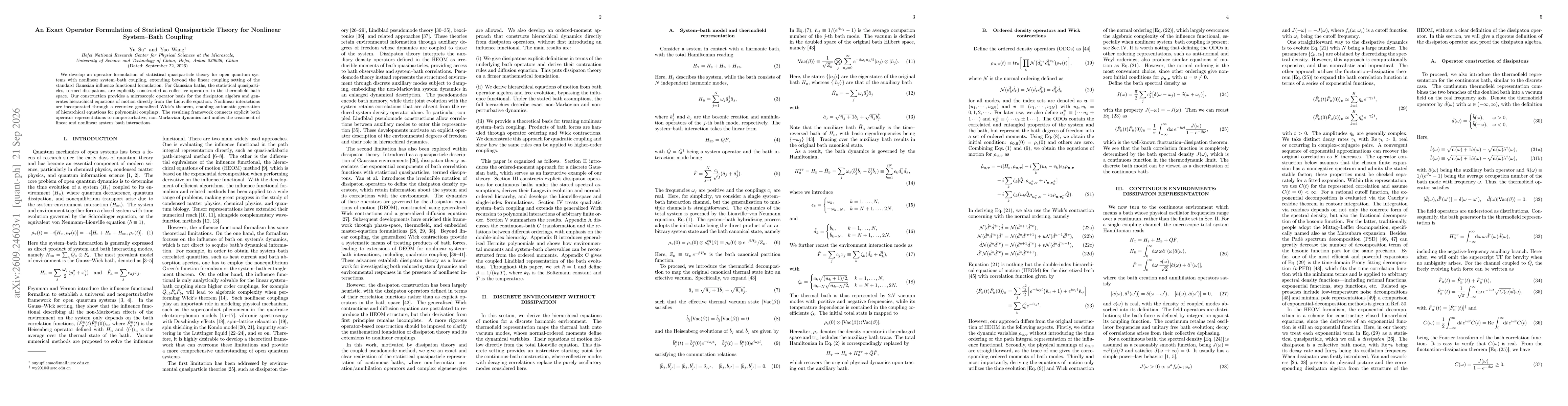 Thumbnail for An Exact Operator Formulation of Statistical Quasiparticle Theory for Nonlinear System-Bath Coupling