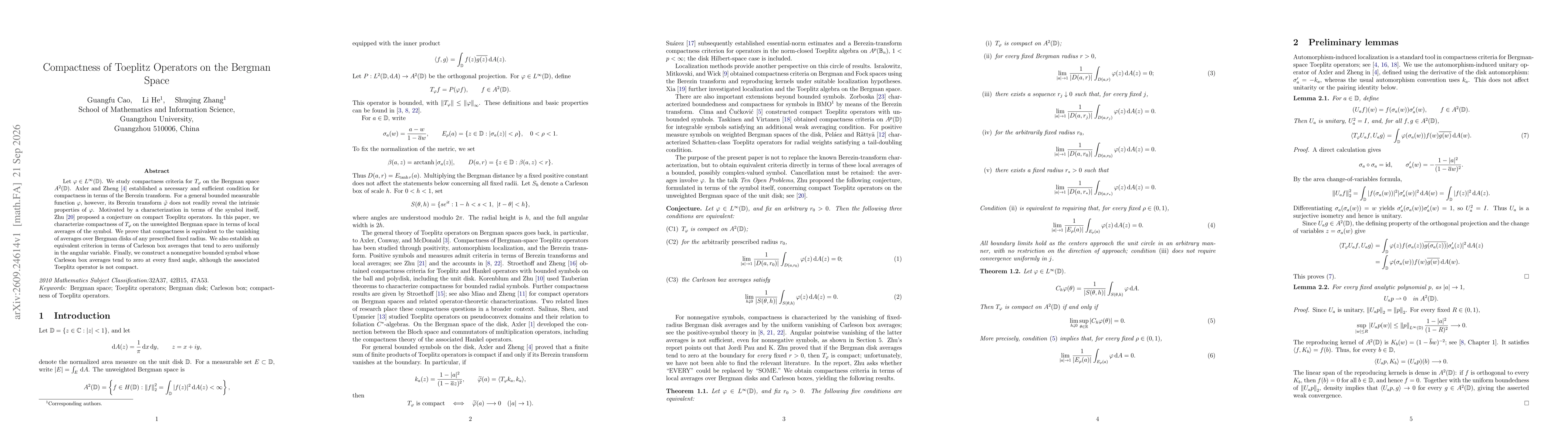 Thumbnail for Compactness of Toeplitz Operators on the Bergman Space