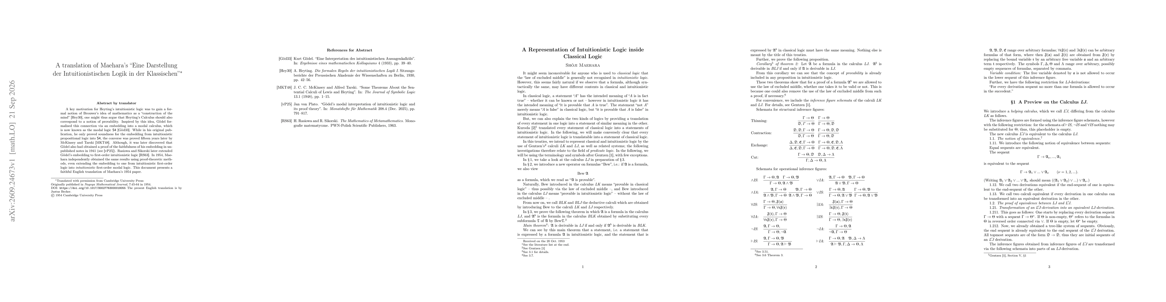 Thumbnail for A translation of Maehara's "Eine Darstellung der Intuitionistischen Logik in der Klassischen"