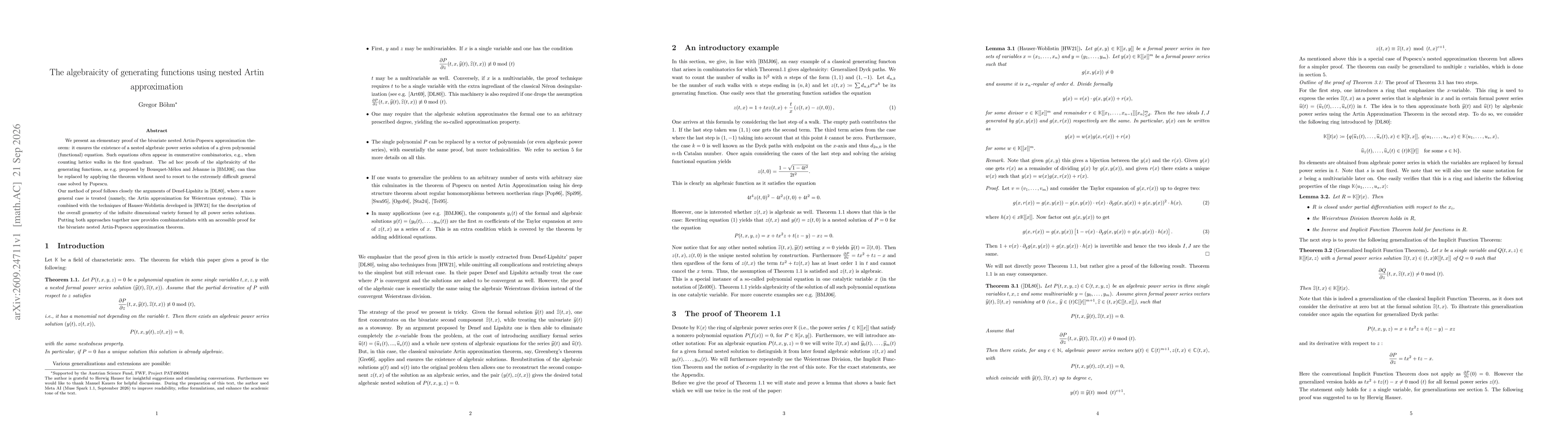 Thumbnail for The algebraicity of generating functions using nested Artin approximation