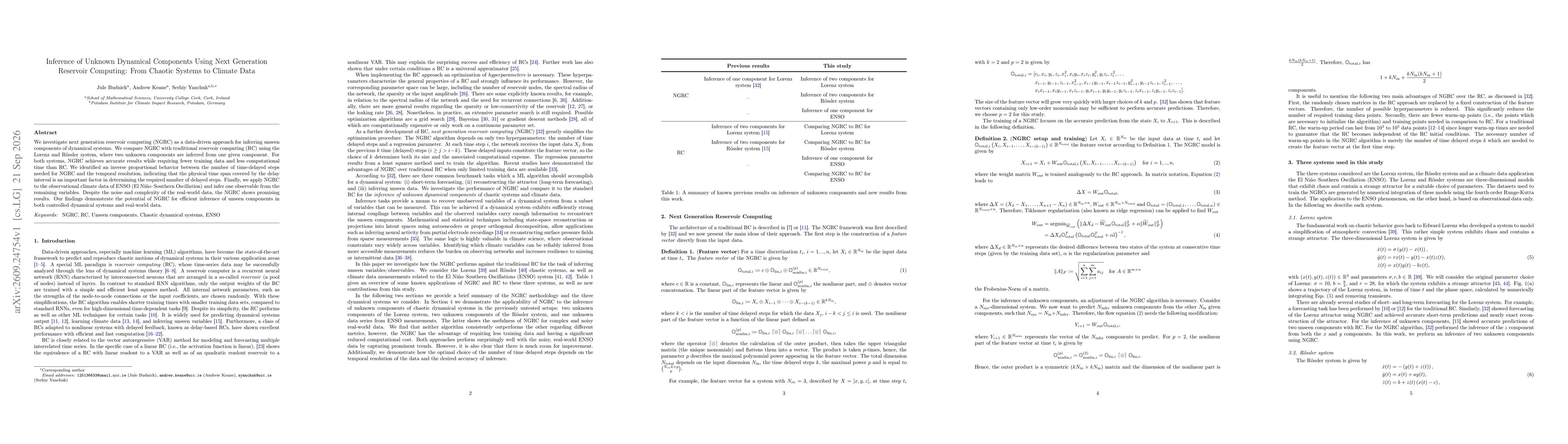 Thumbnail for Inference of Unknown Dynamical Components Using Next Generation Reservoir Computing: From Chaotic Systems to Climate Data