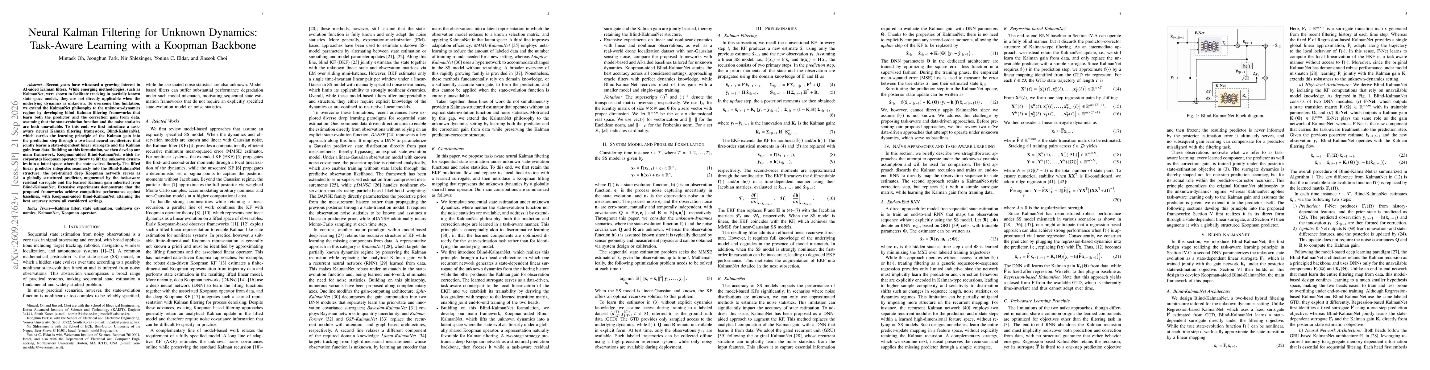 Thumbnail for Neural Kalman Filtering for Unknown Dynamics: Task-Aware Learning with a Koopman Backbone
