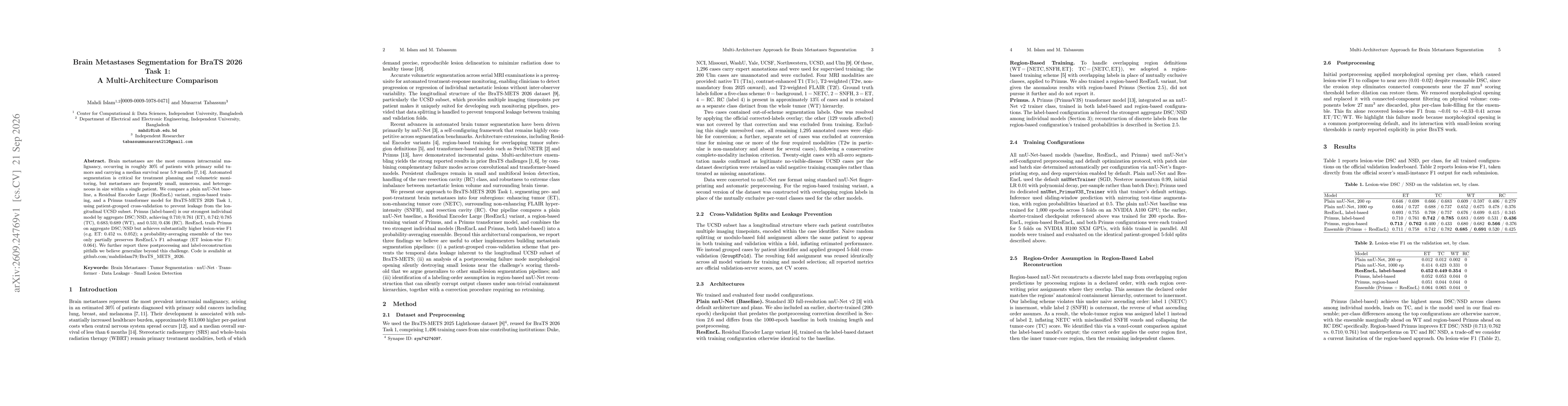 Thumbnail for Brain Metastases Segmentation for BraTS 2026 Task 1: A Multi-Architecture Comparison