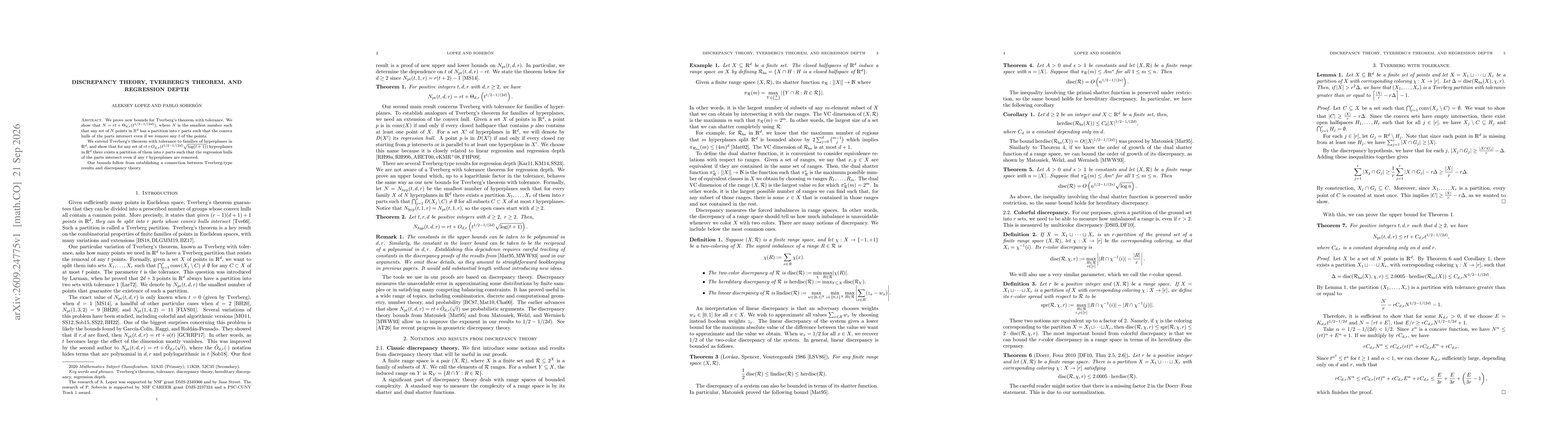 Thumbnail for Discrepancy theory, Tverberg's theorem, and regression depth