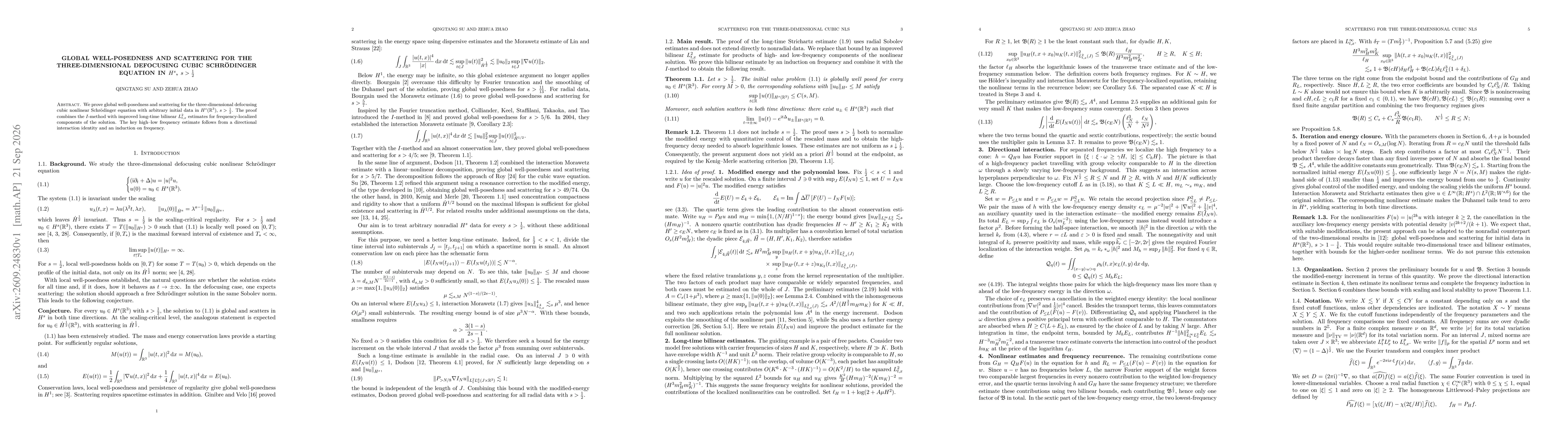 Thumbnail for Global well-posedness and scattering for the three-dimensional defocusing cubic Schrödinger equation in $H^s$, $s>\frac{1}{2}$