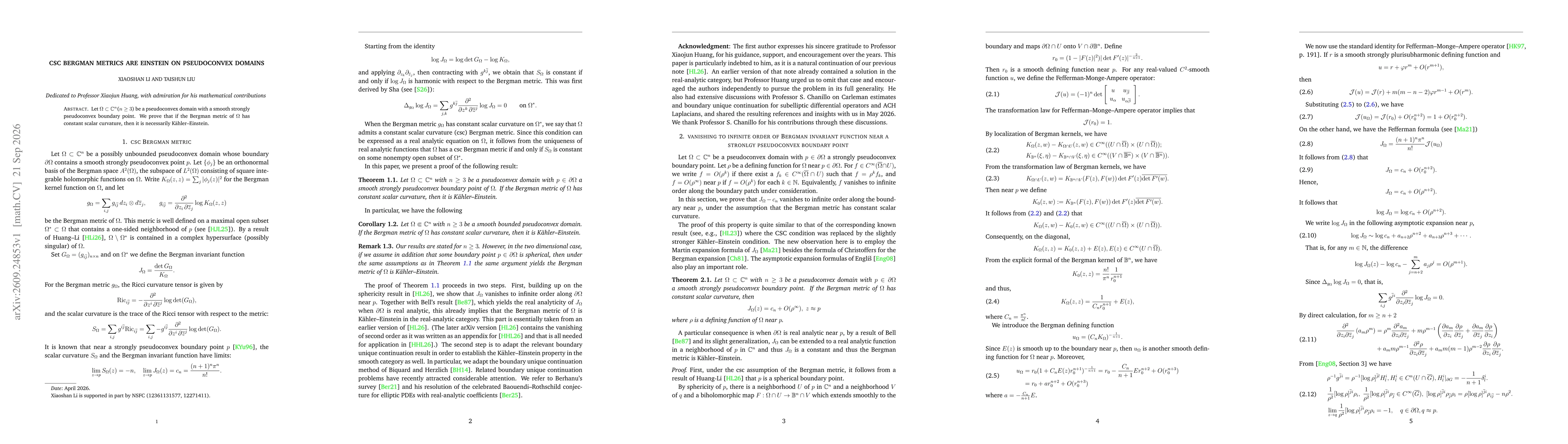 Thumbnail for CSC Bergman metrics are Einstein on pseudoconvex domains