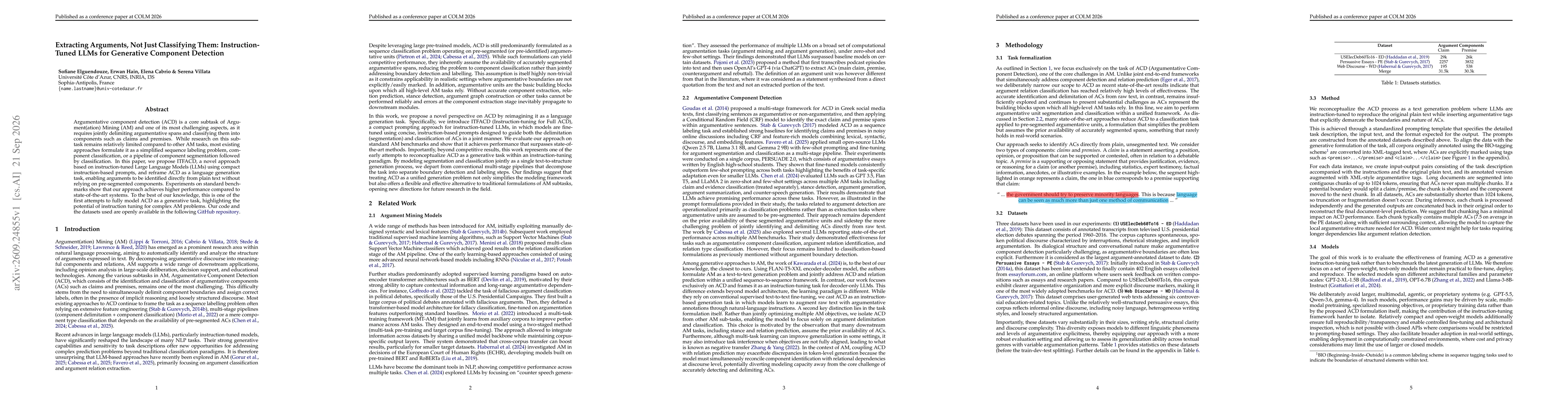 Thumbnail for Extracting Arguments, Not Just Classifying Them: Instruction-Tuned LLMs for Generative Component Detection