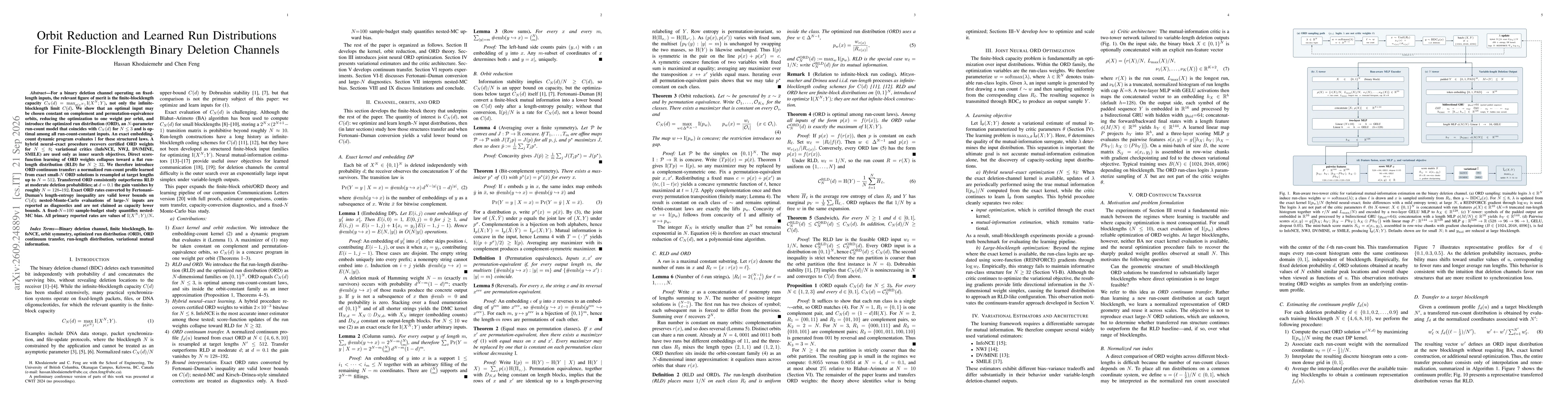 Thumbnail for Orbit Reduction and Learned Run Distributions for Finite-Blocklength Binary Deletion Channels