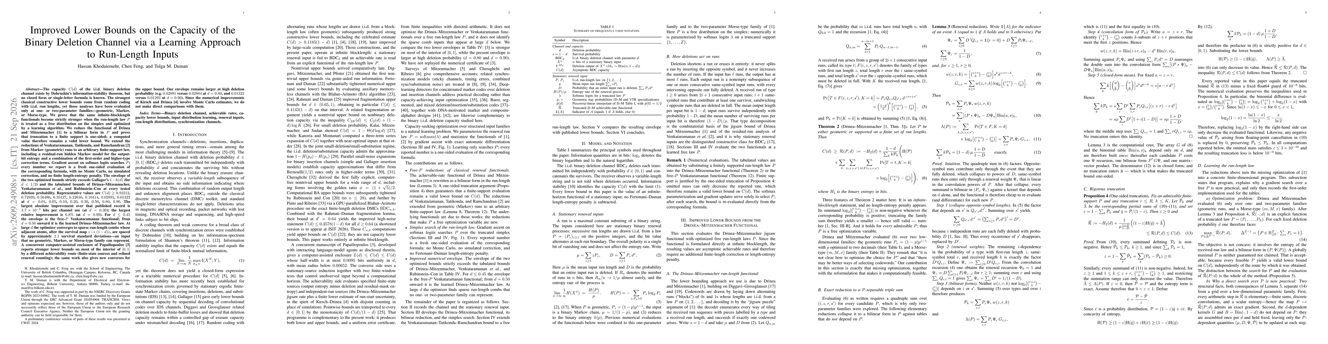 Thumbnail for Improved Lower Bounds on the Capacity of the Binary Deletion Channel via a Learning Approach to Run-Length Inputs