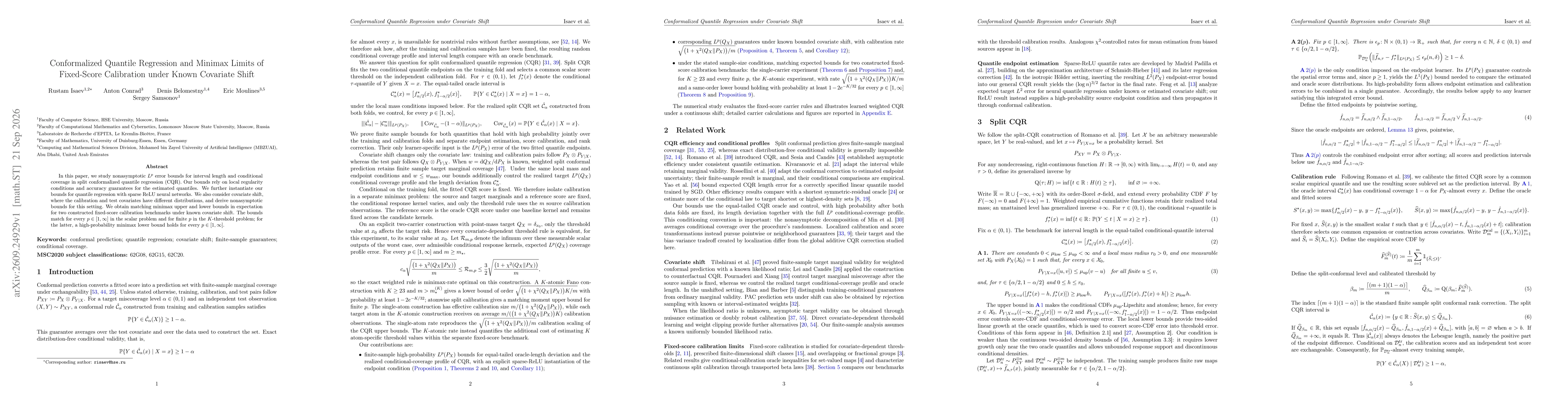 Thumbnail for Conformalized Quantile Regression and Minimax Limits of Fixed-Score Calibration under Known Covariate Shift