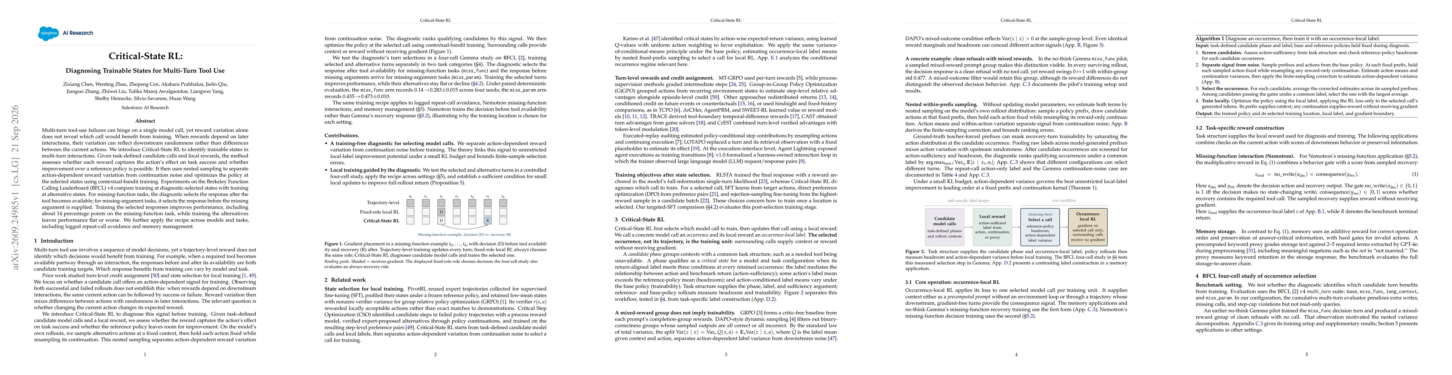 Thumbnail for Critical-State RL: Diagnosing Trainable States for Multi-Turn Tool Use