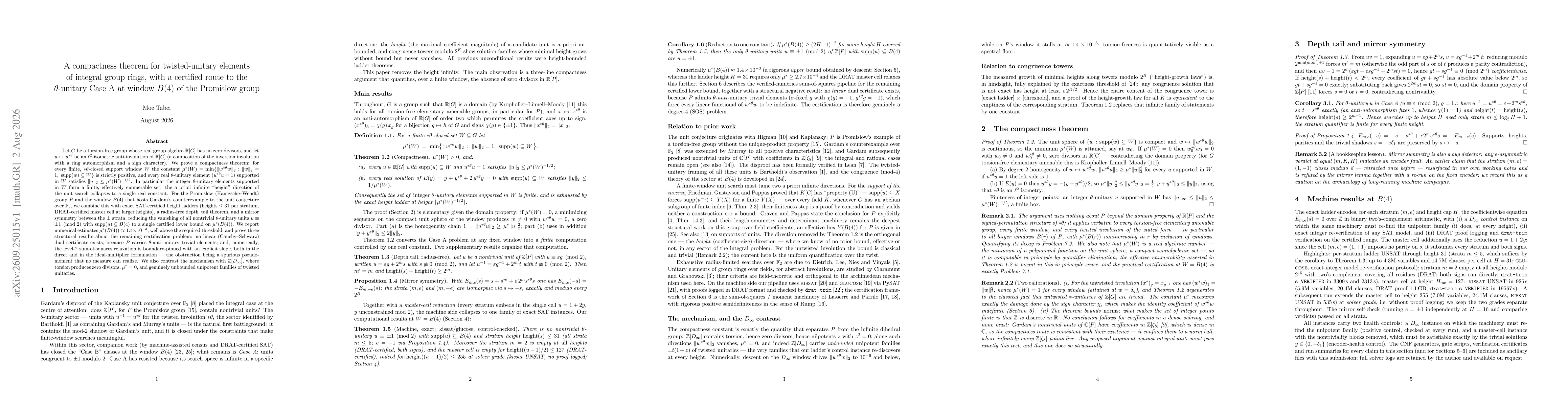 Thumbnail for A compactness theorem for twisted-unitary elements of integral group rings, with a certified route to the theta-unitary Case A at window B(4) of the Promislow group