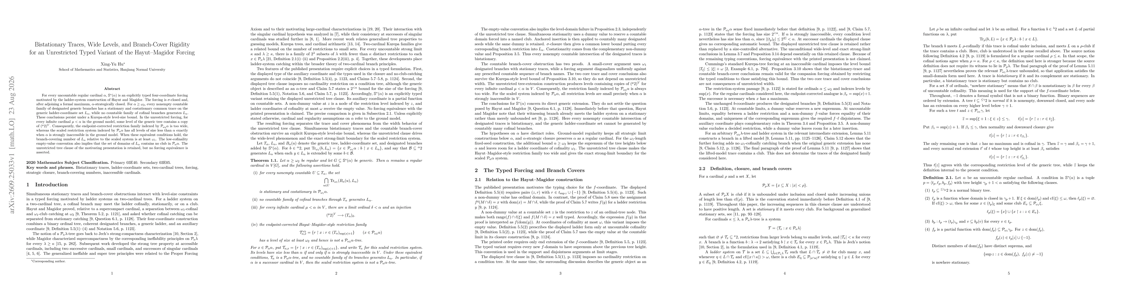 Thumbnail for Bistationary Traces, Wide Levels, and Branch-Cover Rigidity for an Unrestricted Typed Variant of the Hayut-Magidor Forcing