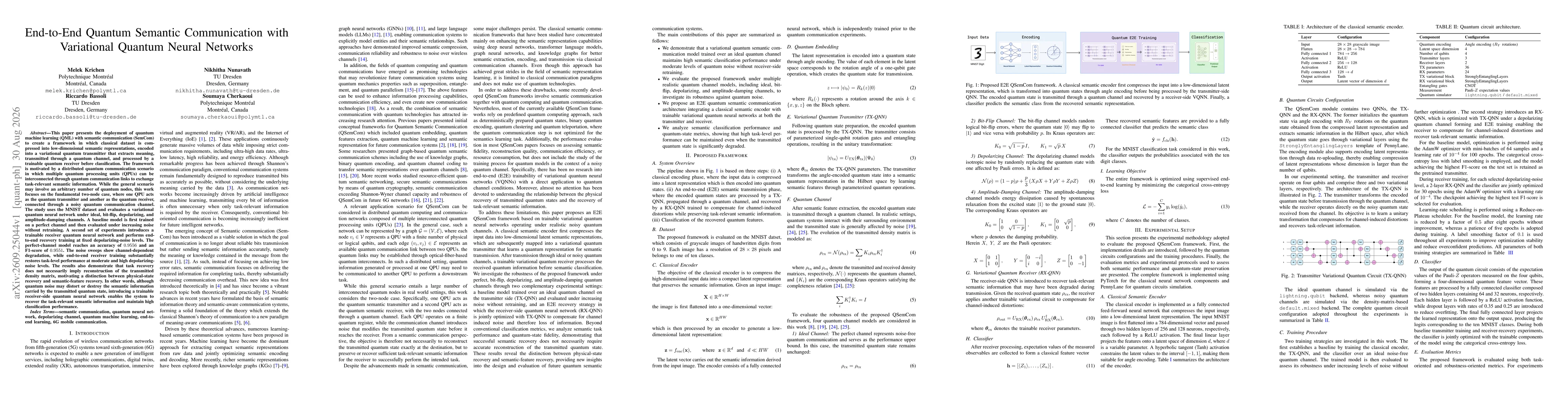 Thumbnail for End-to-End Quantum Semantic Communication with Variational Quantum Neural Networks