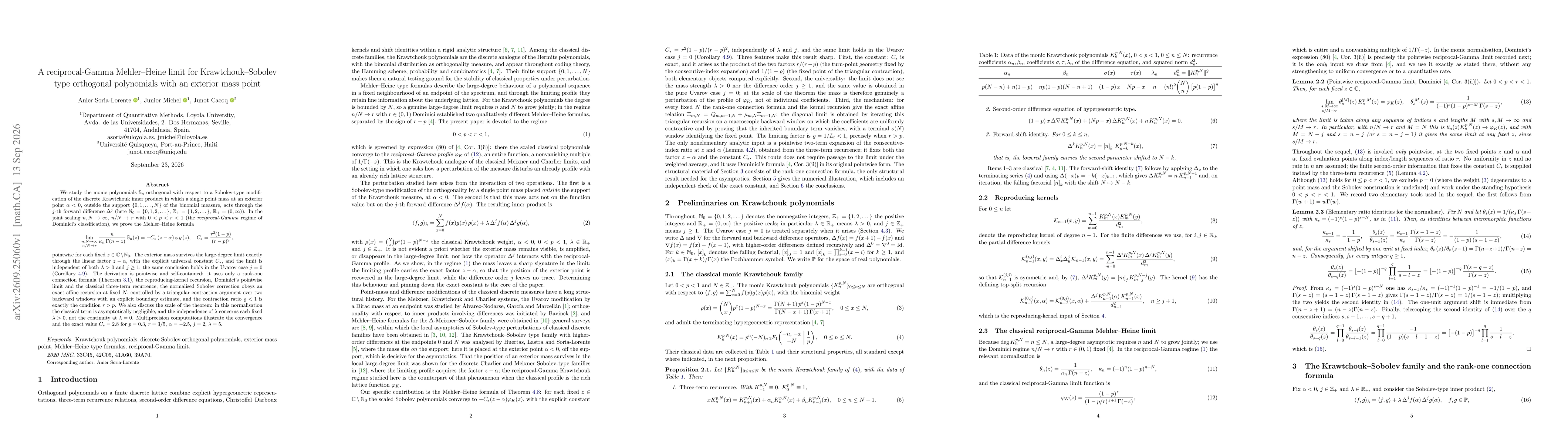 Thumbnail for A reciprocal-Gamma Mehler--Heine limit for Krawtchouk--Sobolev type orthogonal polynomials with an exterior mass point
