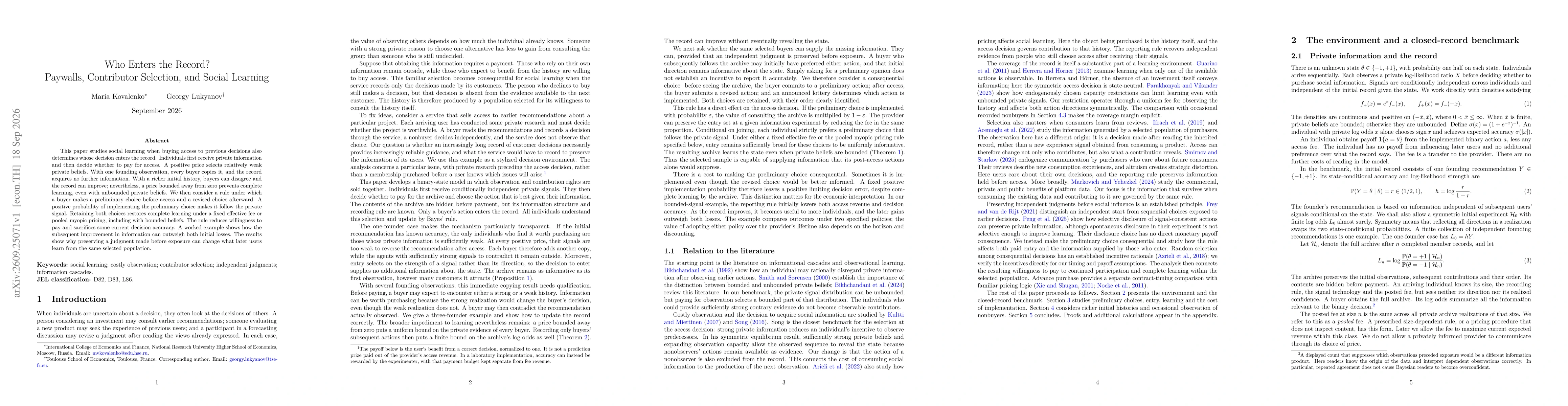 Thumbnail for Who Enters the Record? Paywalls, Contributor Selection, and Social Learning