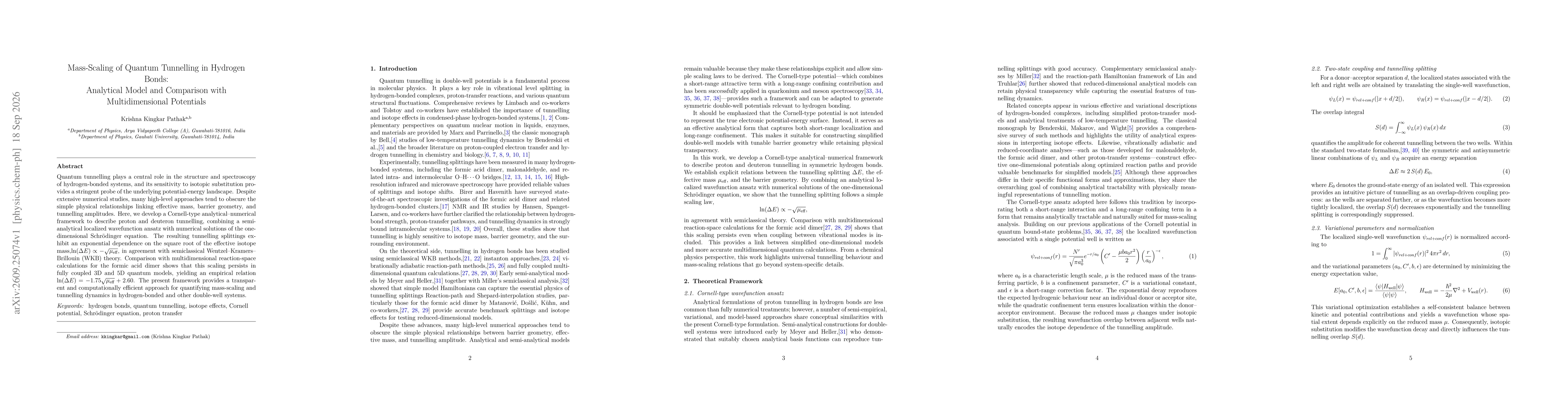 Thumbnail for Mass-Scaling of Quantum Tunnelling in Hydrogen Bonds: Analytical Model and Comparison with Multidimensional Potentials
