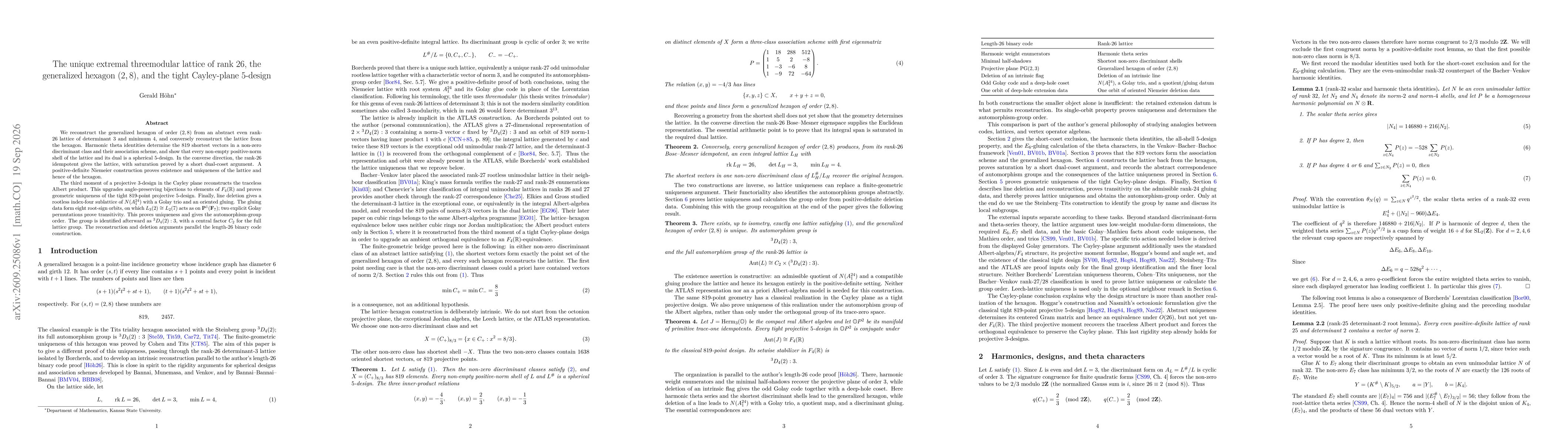 Thumbnail for The unique extremal threemodular lattice of rank 26, the generalized hexagon $(2,8)$, and the tight Cayley-plane $5$-design