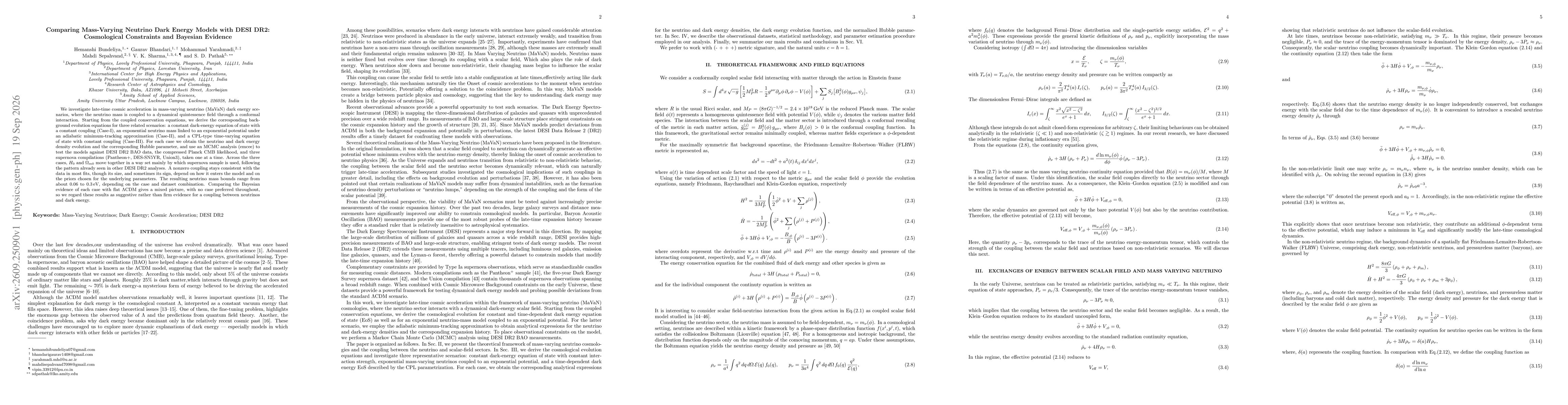 Thumbnail for Comparing Mass-Varying Neutrino Dark Energy Models with DESI DR2: Cosmological Constraints and Bayesian Evidence