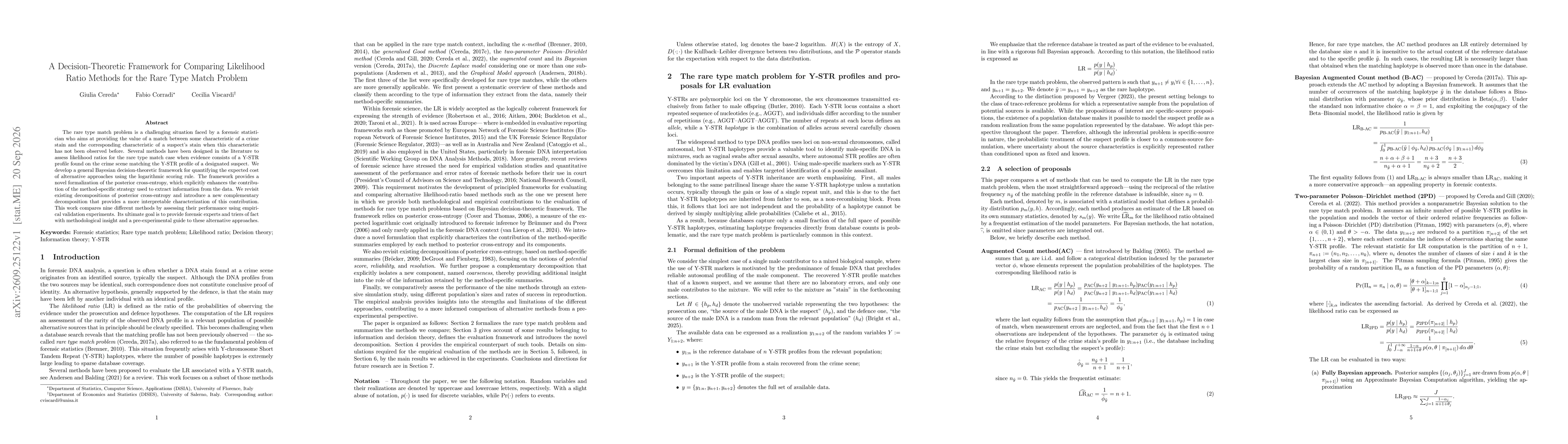 Thumbnail for A Decision-Theoretic Framework for Comparing Likelihood Ratio Methods for the Rare Type Match Problem