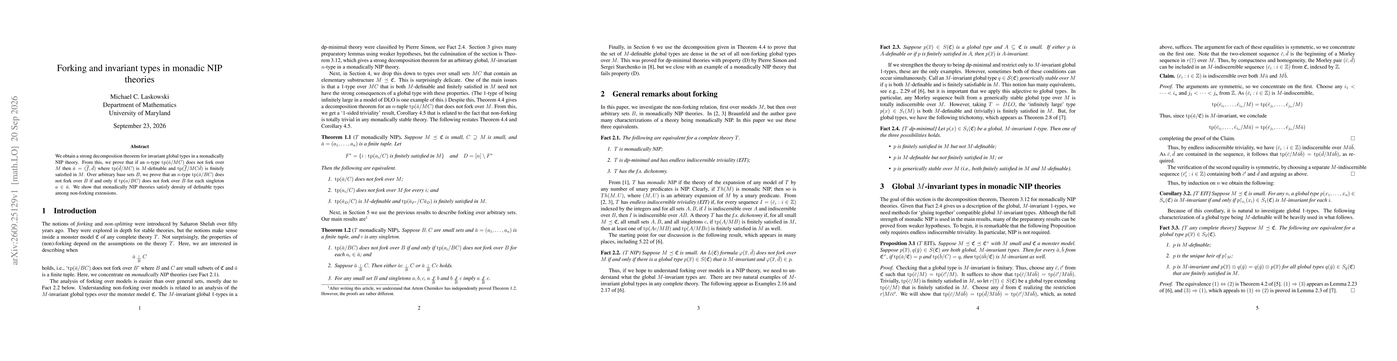 Thumbnail for Forking and invariant types in monadic NIP theories