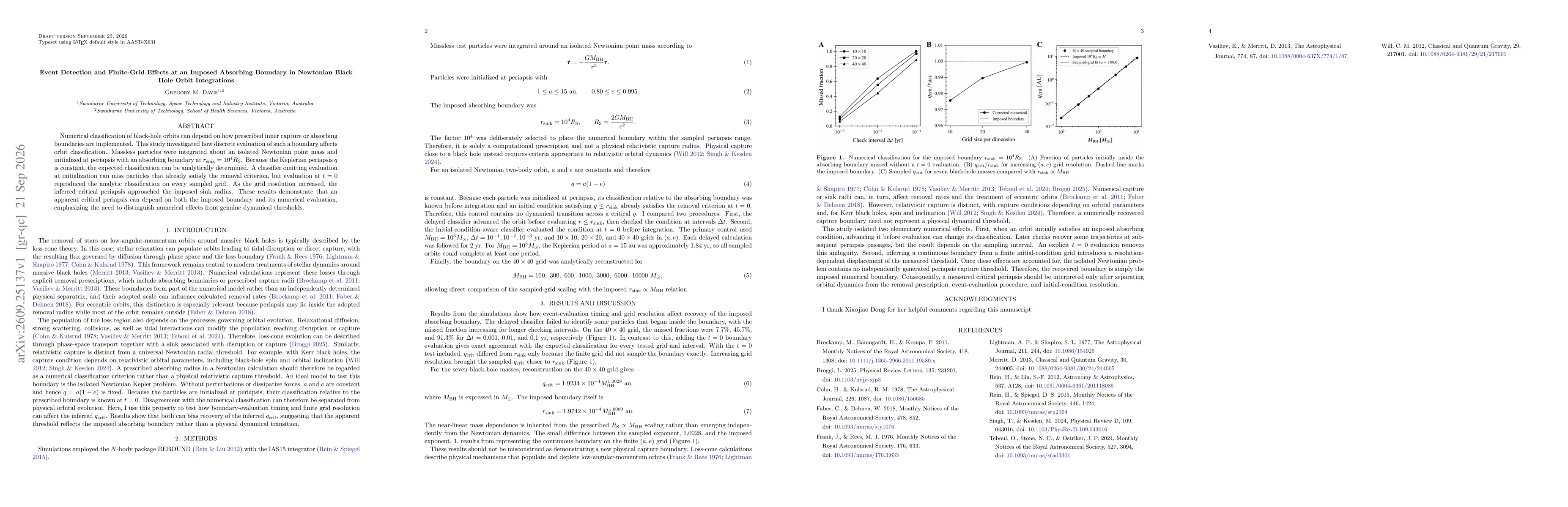 Thumbnail for Event Detection and Finite-Grid Effects at an Imposed Absorbing Boundary in Newtonian Black Hole Orbit Integrations