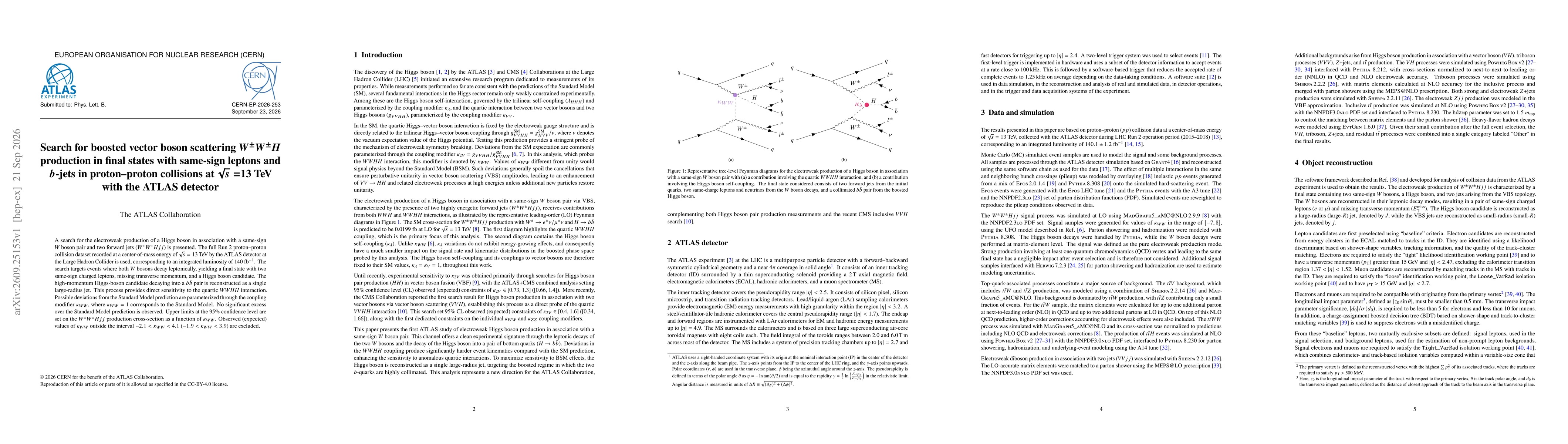 Thumbnail for Search for boosted vector boson scattering $W^{\pm}W^{\pm}H$ production in final states with same-sign leptons and $b$-jets in proton-proton collisions at $\sqrt{s}=$13 TeV with the ATLAS detector