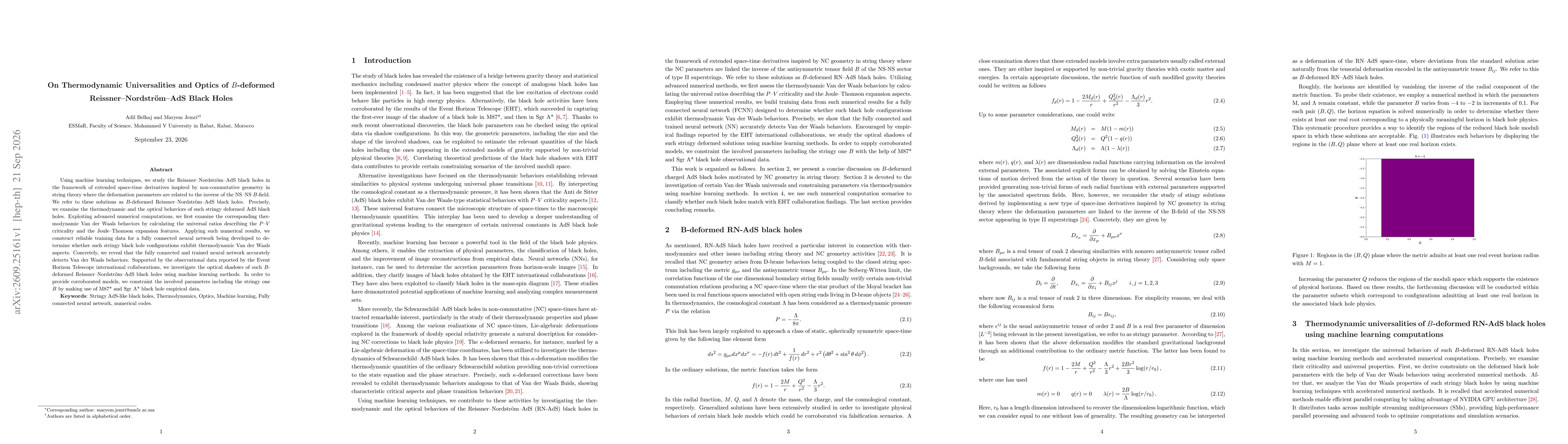 Thumbnail for On Thermodynamic Universalities and Optics of B-deformed Reissner--Nordström--AdS Black Holes