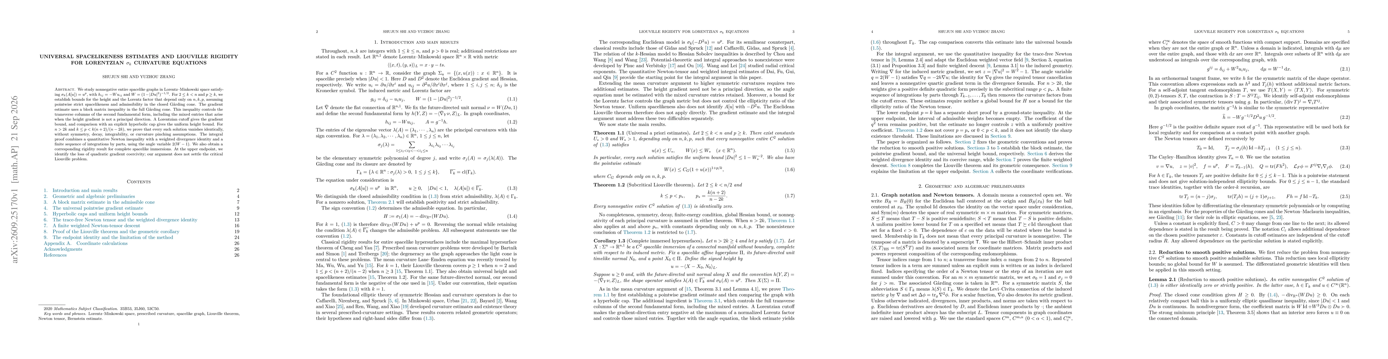Thumbnail for Universal Spacelikeness Estimates and Liouville Rigidity for Lorentzian $σ_k$ Curvature Equations