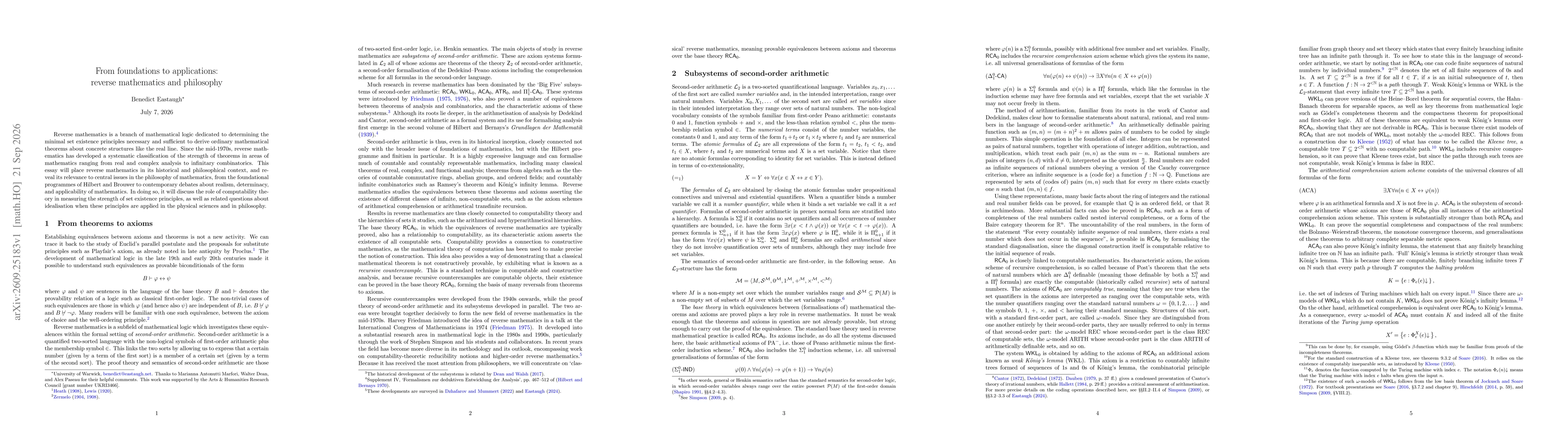 Thumbnail for From foundations to applications: reverse mathematics and philosophy