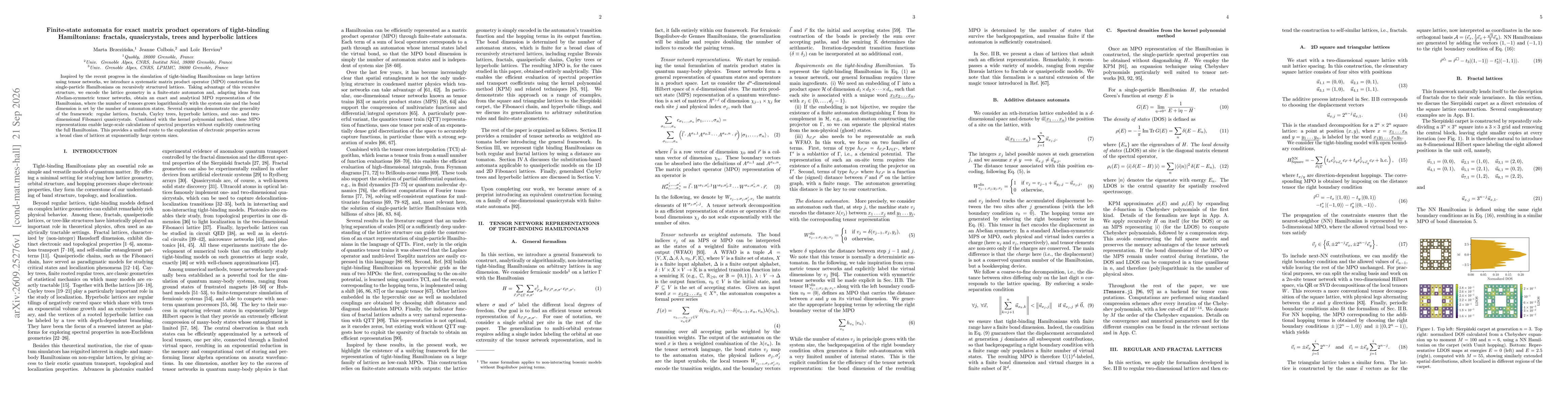 Thumbnail for Finite-state automata for exact matrix product operators of tight-binding Hamiltonians: fractals, quasicrystals, trees and hyperbolic lattices