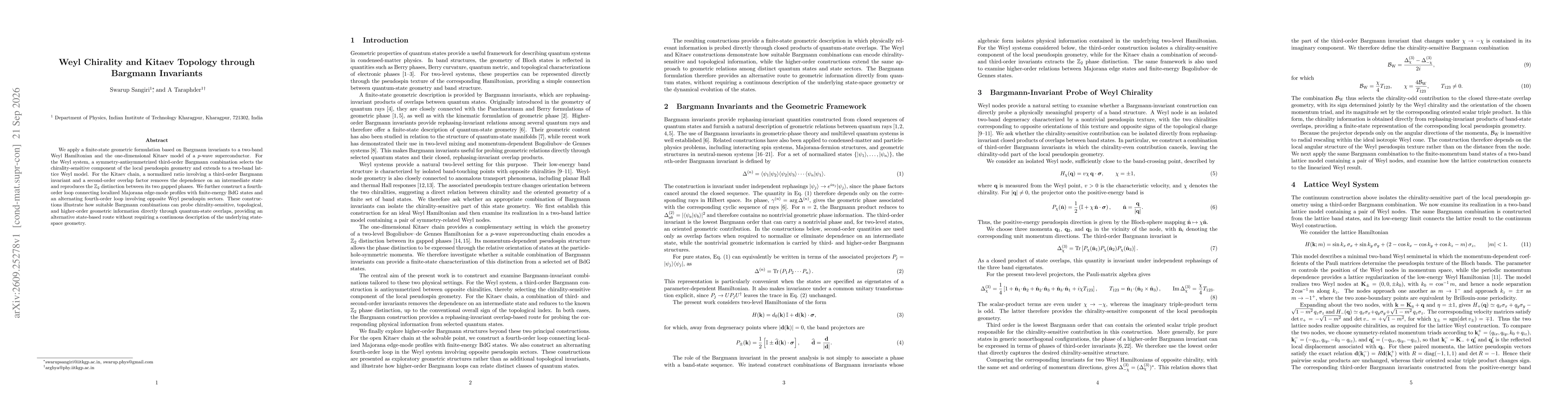 Thumbnail for Weyl Chirality and Kitaev Topology through Bargmann Invariants