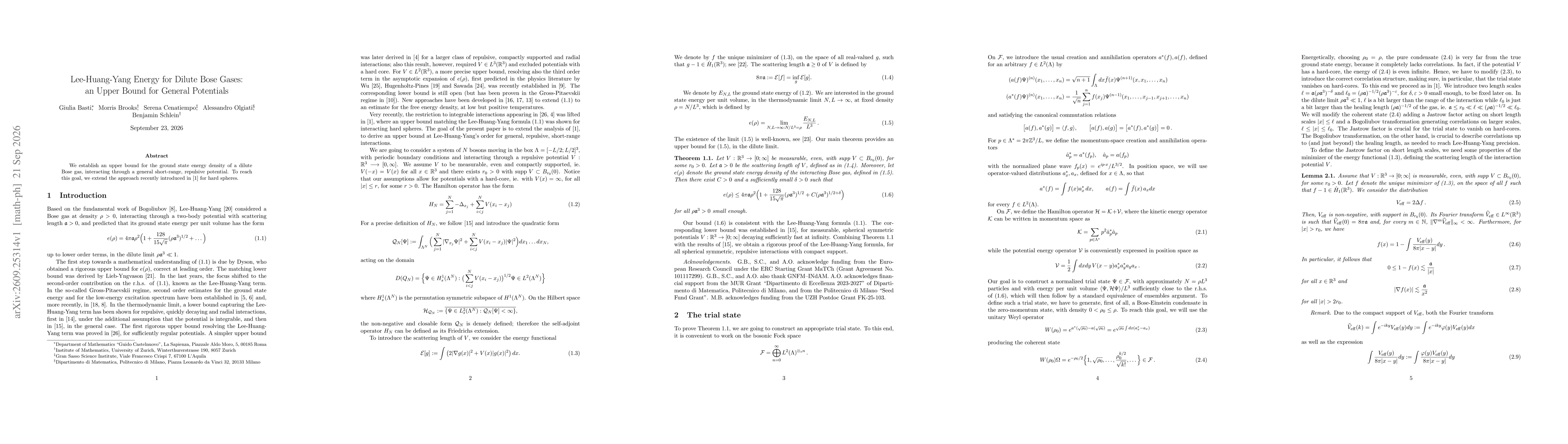 Thumbnail for Lee-Huang-Yang Energy for Dilute Bose Gases: an Upper Bound for General Potentials