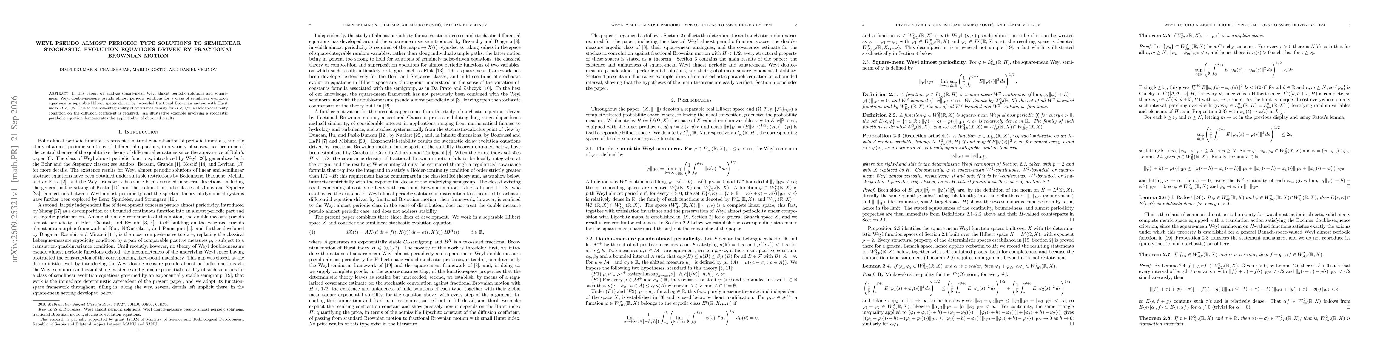 Thumbnail for Weyl Pseudo Almost Periodic Type Solutions to Semilinear Stochastic Evolution Equations Driven by Fractional Brownian Motion
