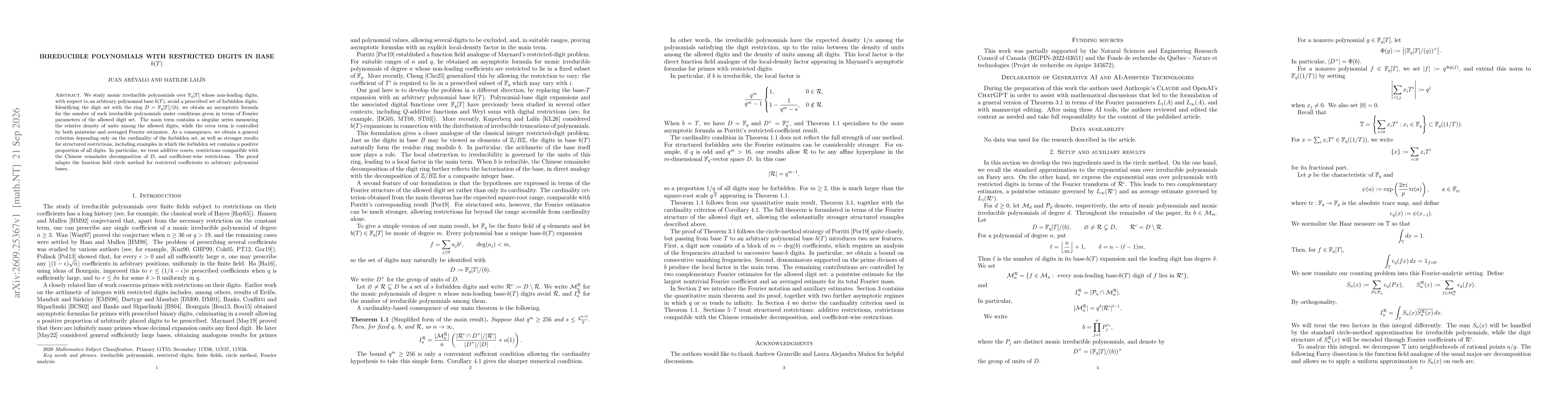 Thumbnail for Irreducible polynomials with restricted digits in base $b(T)$