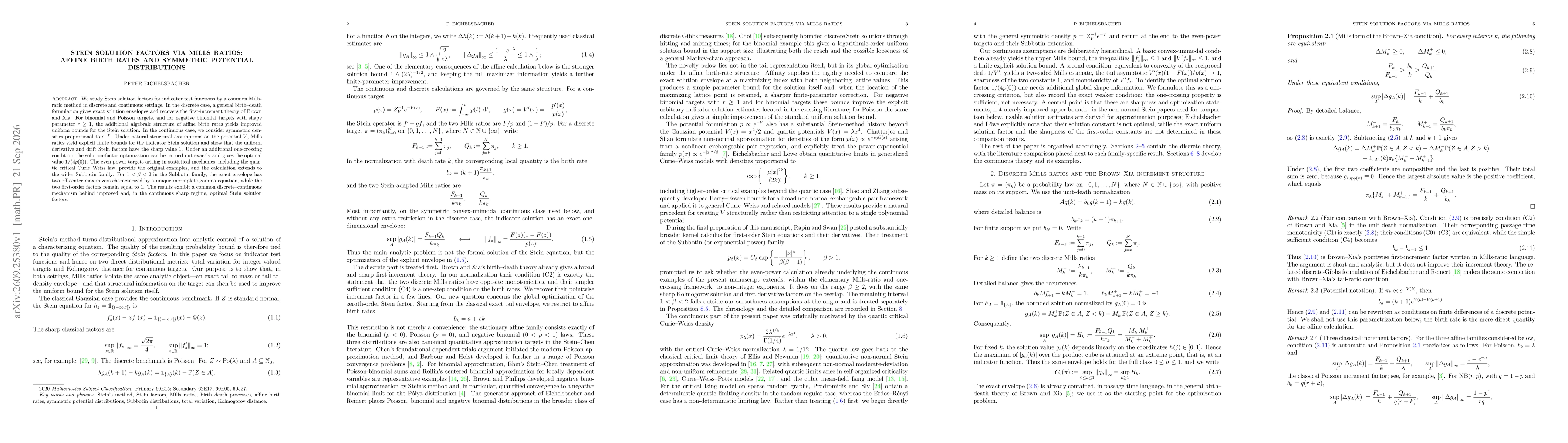 Thumbnail for Stein Solution Factors via Mills Ratios: Affine Birth Rates and Symmetric Potential Distributions