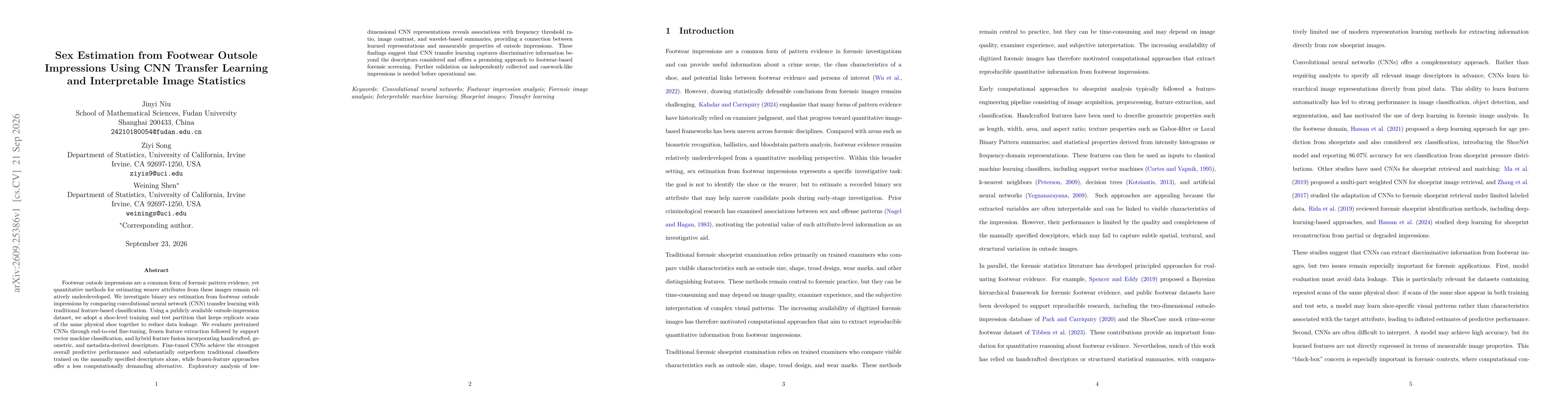 Thumbnail for Sex Estimation from Footwear Outsole Impressions Using CNN Transfer Learning and Interpretable Image Statistics